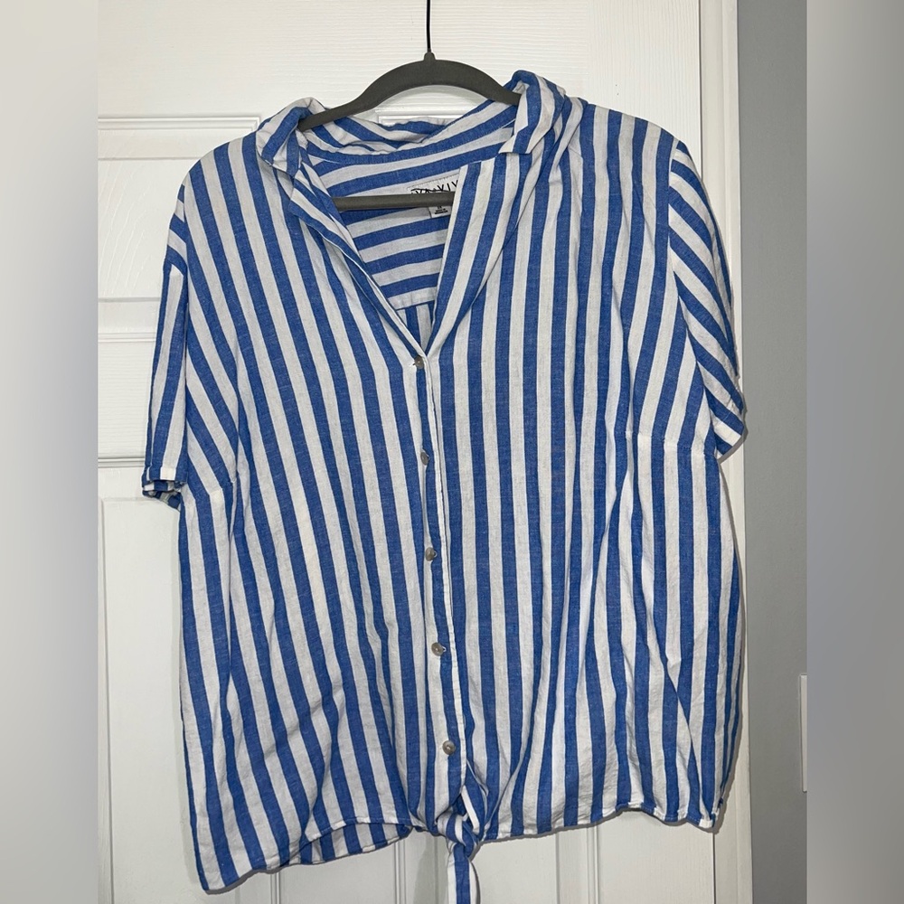 Ava & Viv Women's 2X Linen Short Sleeve Collared Button-Down Shirt Blue Striped